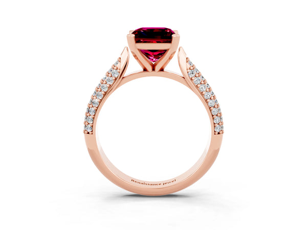 Rose gold Princess Cut Garnet Solitaire Engagement Ring with Multi-Row Round Pavé Band and Prong Setting