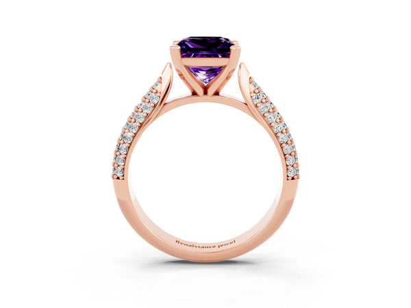 Rose gold Princess Cut Amethyst Solitaire Engagement Ring with Multi-Row Round Pavé Band and Prong Setting