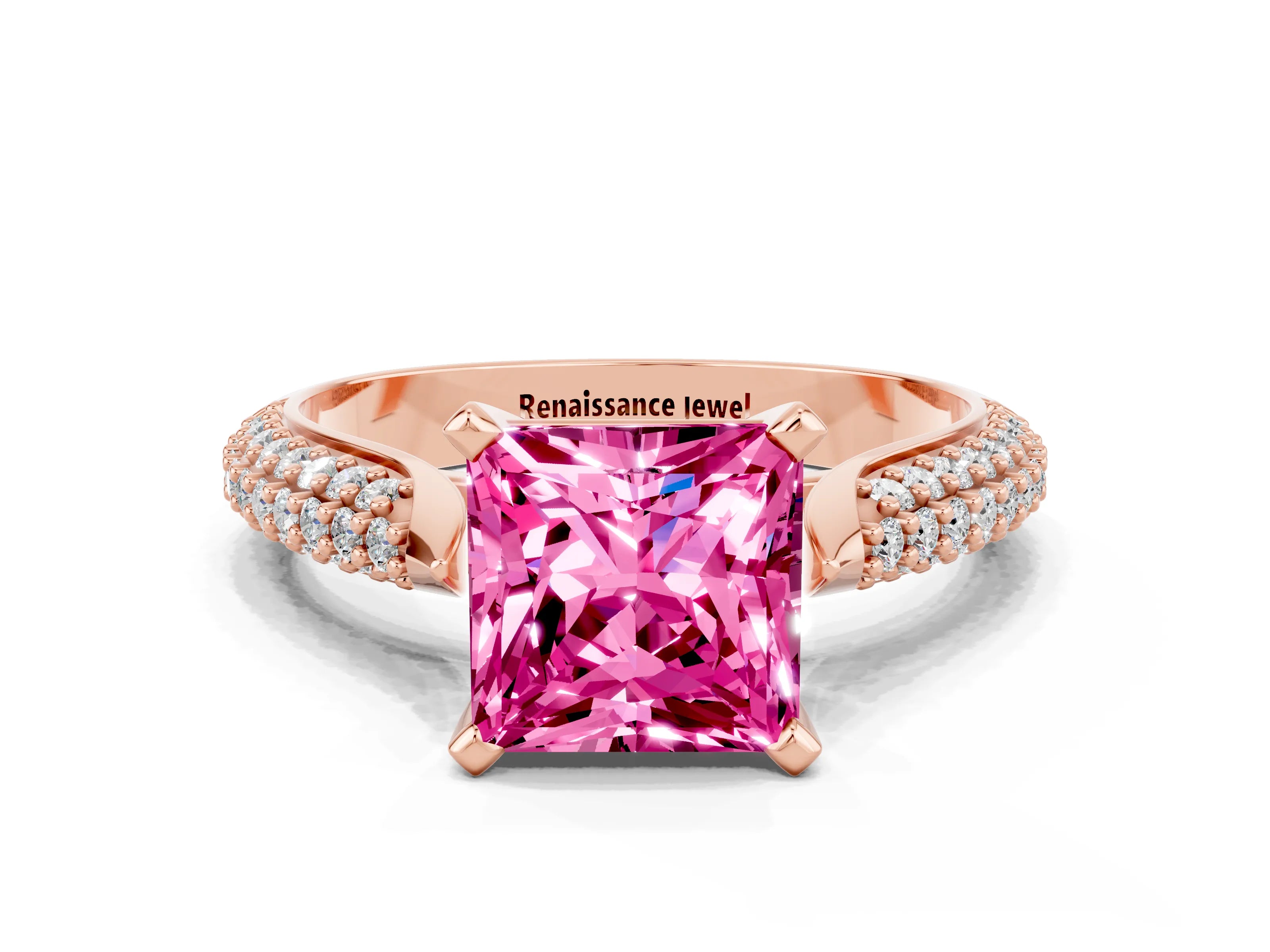 Rose gold Princess Cut Diamond Solitaire Engagement Ring with Pavé Band and Four-Prong Setting