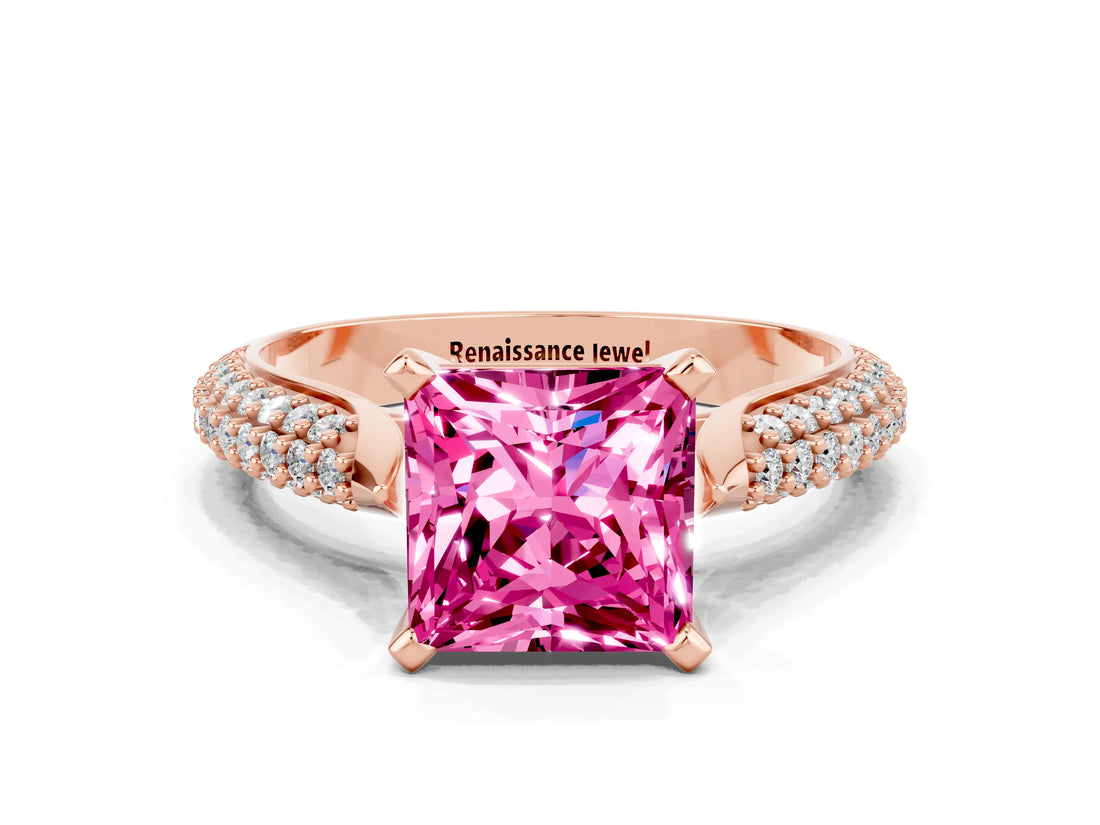 Rose gold Princess Cut Diamond Solitaire Engagement Ring with Pavé Band and Four-Prong Setting