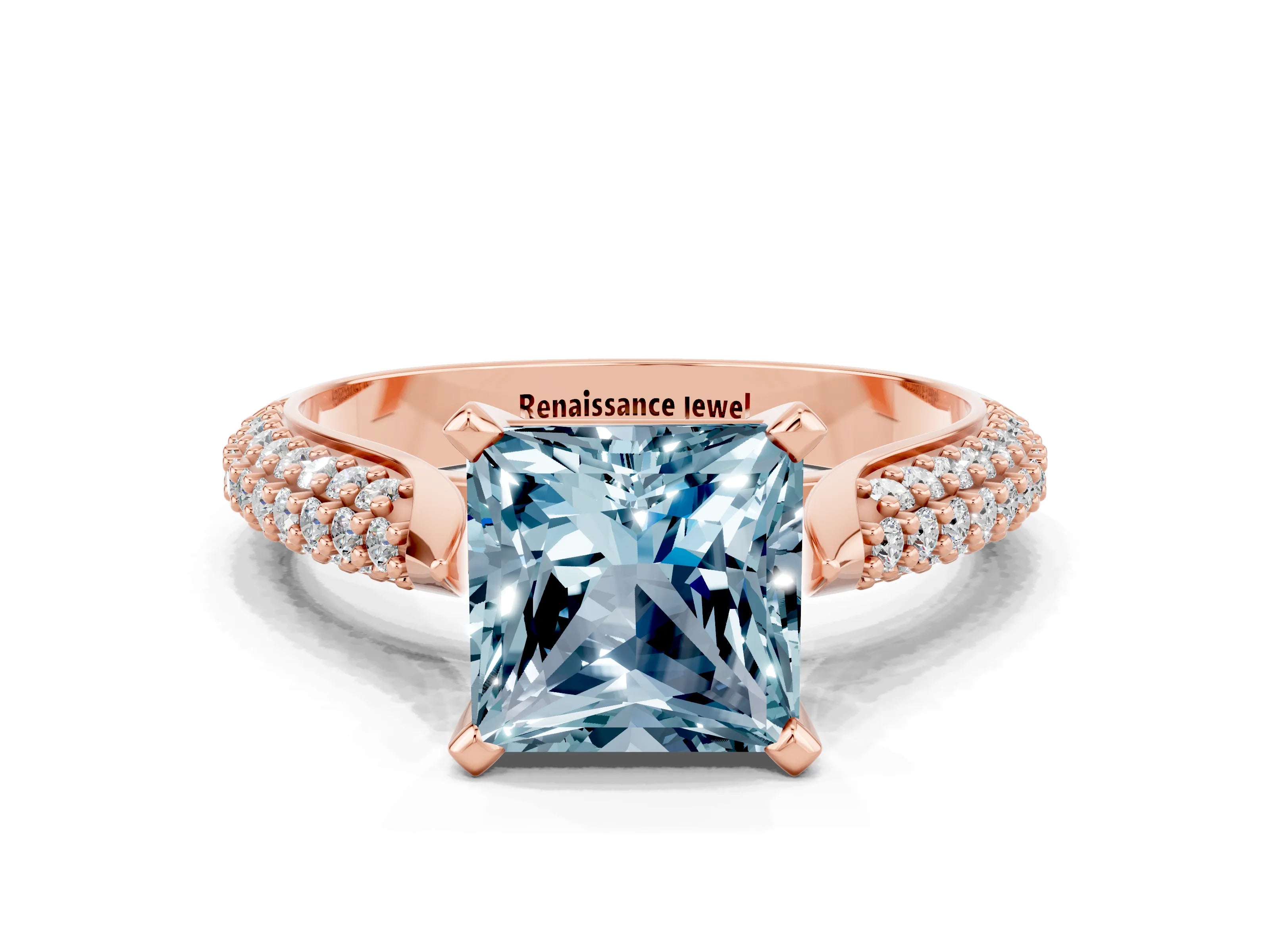 Rose gold Princess Cut Diamond Solitaire Engagement Ring with Pavé Band and Four-Prong Setting