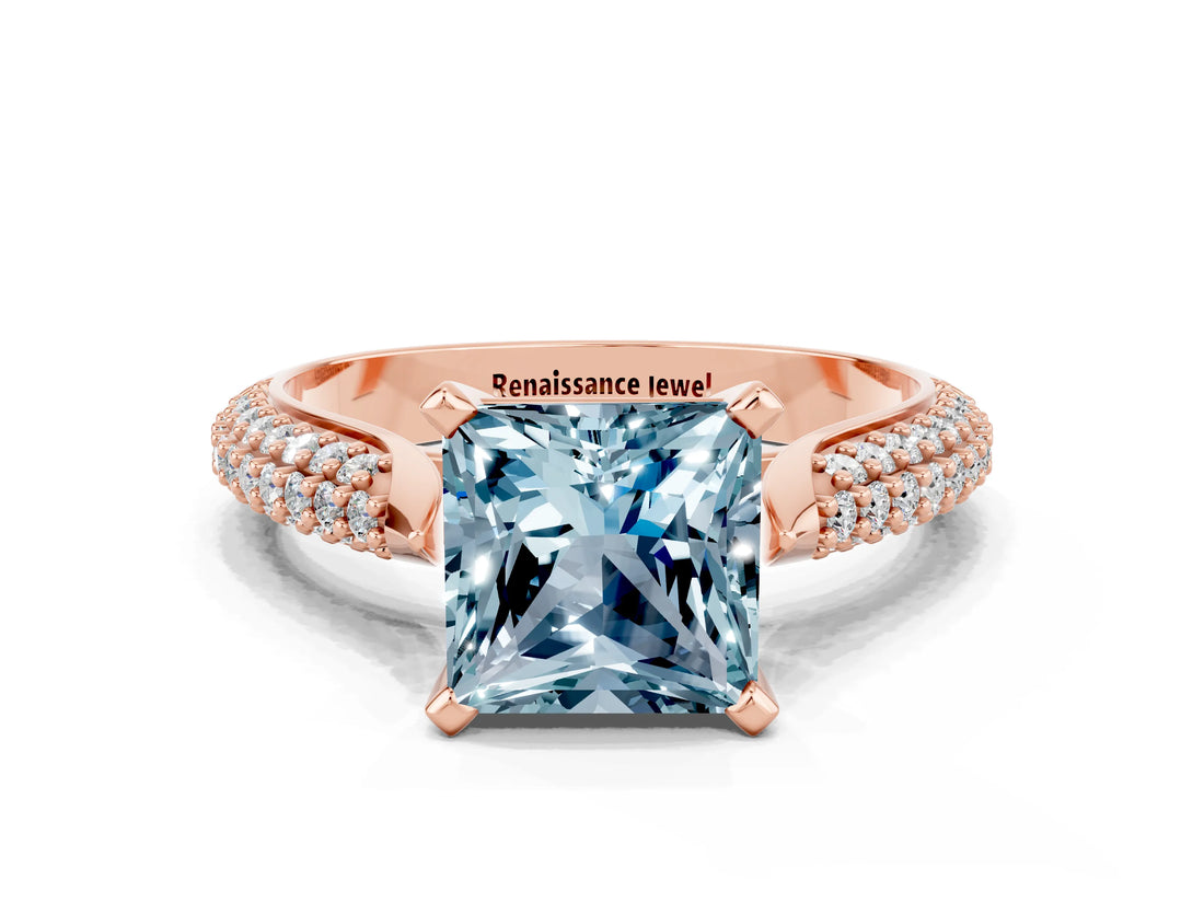 Rose gold Princess Cut Diamond Solitaire Engagement Ring with Pavé Band and Four-Prong Setting