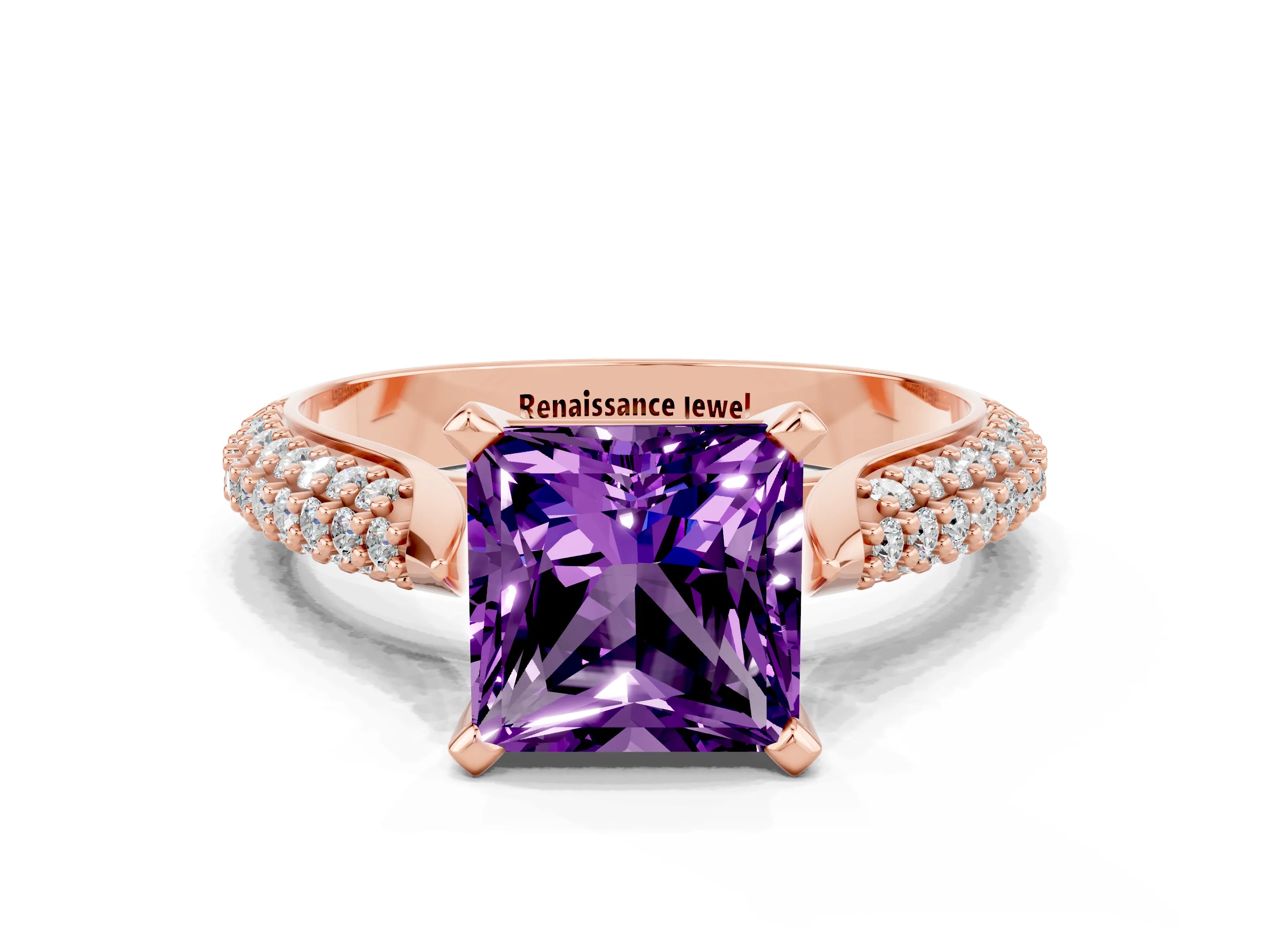 Rose gold Princess Cut Diamond Solitaire Engagement Ring with Pavé Band and Four-Prong Setting