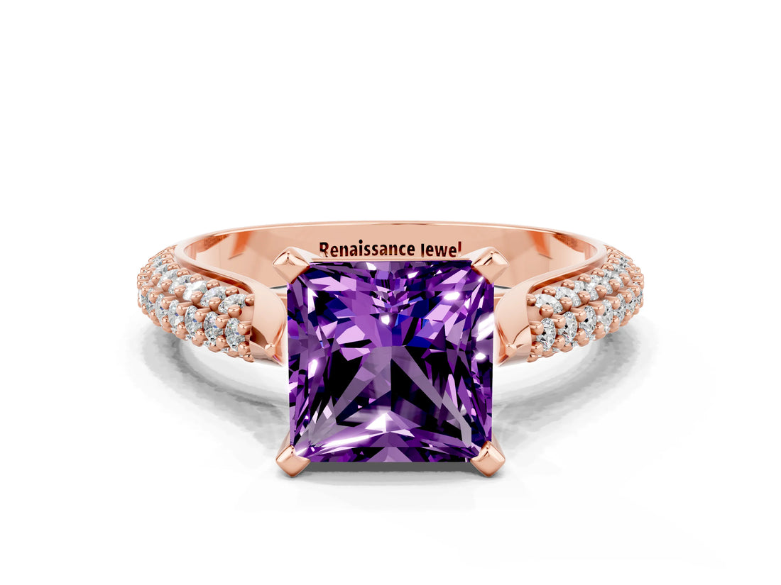 Rose gold Princess Cut Diamond Solitaire Engagement Ring with Pavé Band and Four-Prong Setting