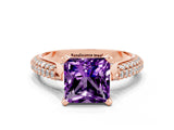 Rose gold Princess Cut Diamond Solitaire Engagement Ring with Pavé Band and Four-Prong Setting