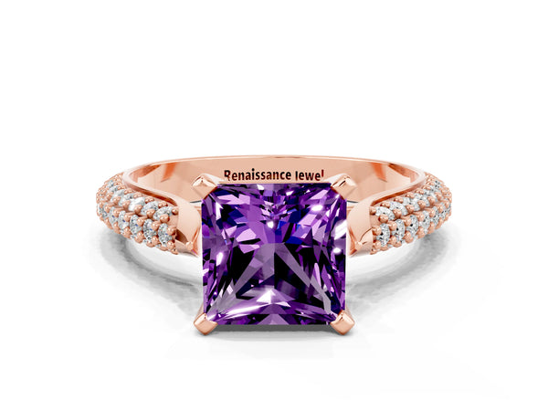 Rose gold Princess Cut Amethyst Solitaire Engagement Ring with Multi-Row Round Pavé Band and Prong Setting