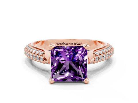 Rose gold Princess Cut Diamond Solitaire Engagement Ring with Pavé Band and Four-Prong Setting