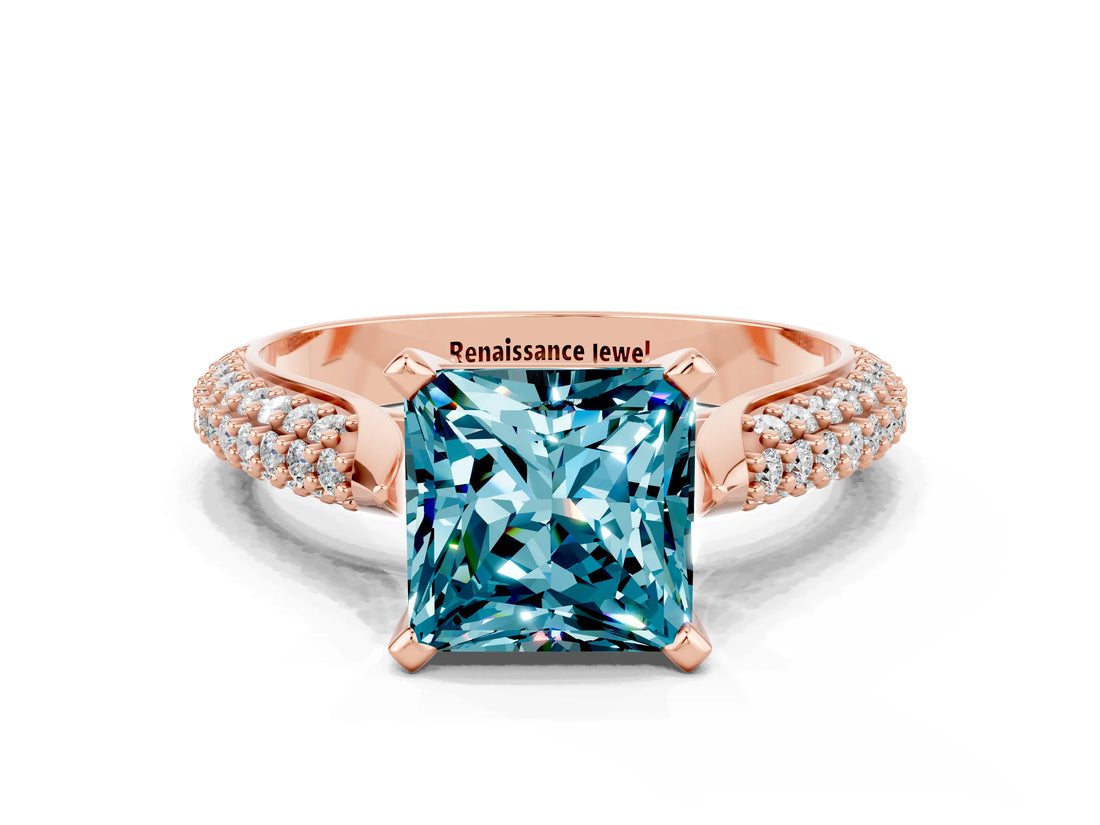 Rose gold Princess Cut Diamond Solitaire Engagement Ring with Pavé Band and Four-Prong Setting