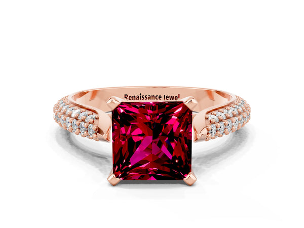 Rose gold Princess Cut Garnet Solitaire Engagement Ring with Multi-Row Round Pavé Band and Prong Setting