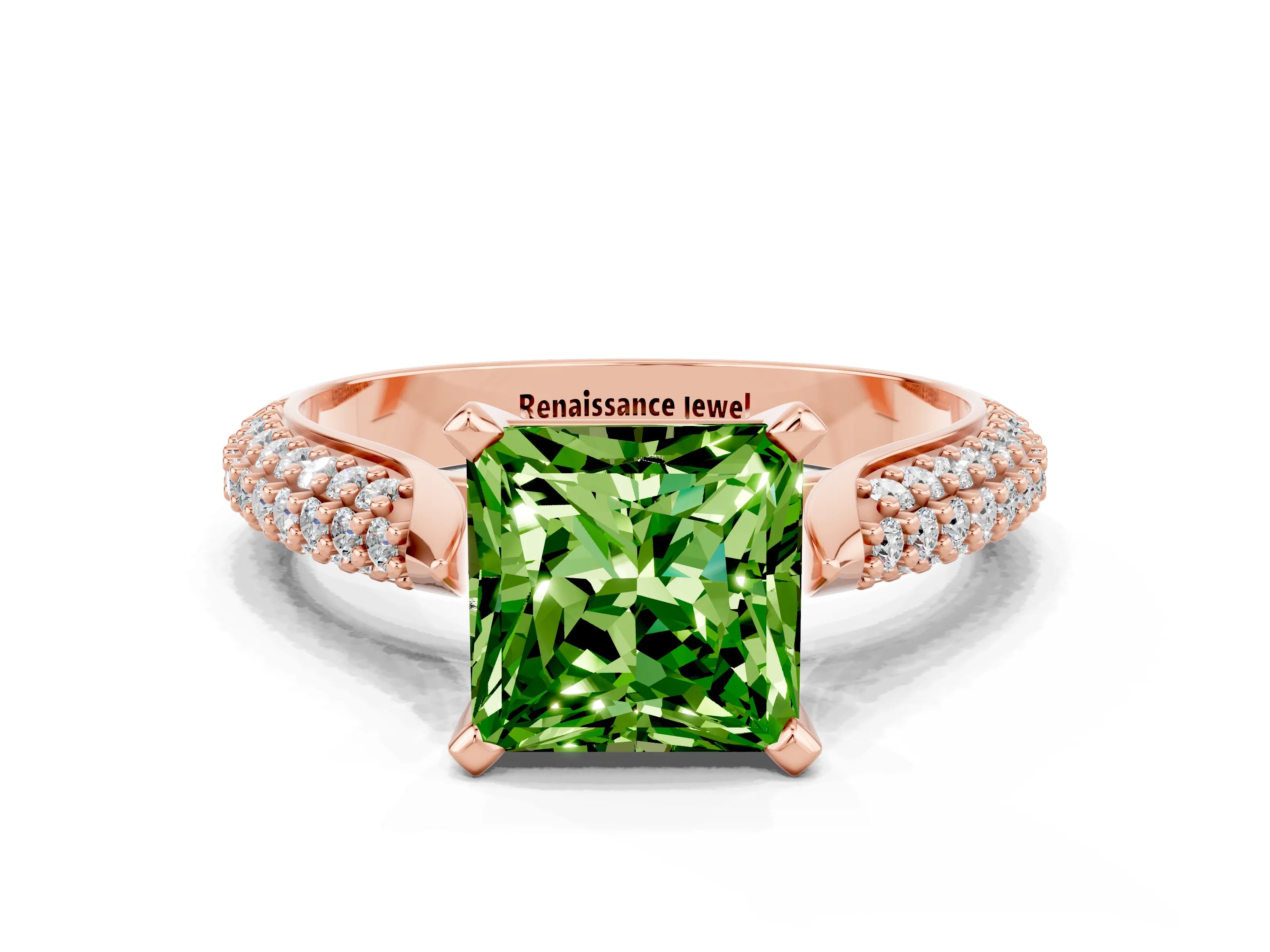 Rose gold Princess Cut Diamond Solitaire Engagement Ring with Pavé Band and Four-Prong Setting