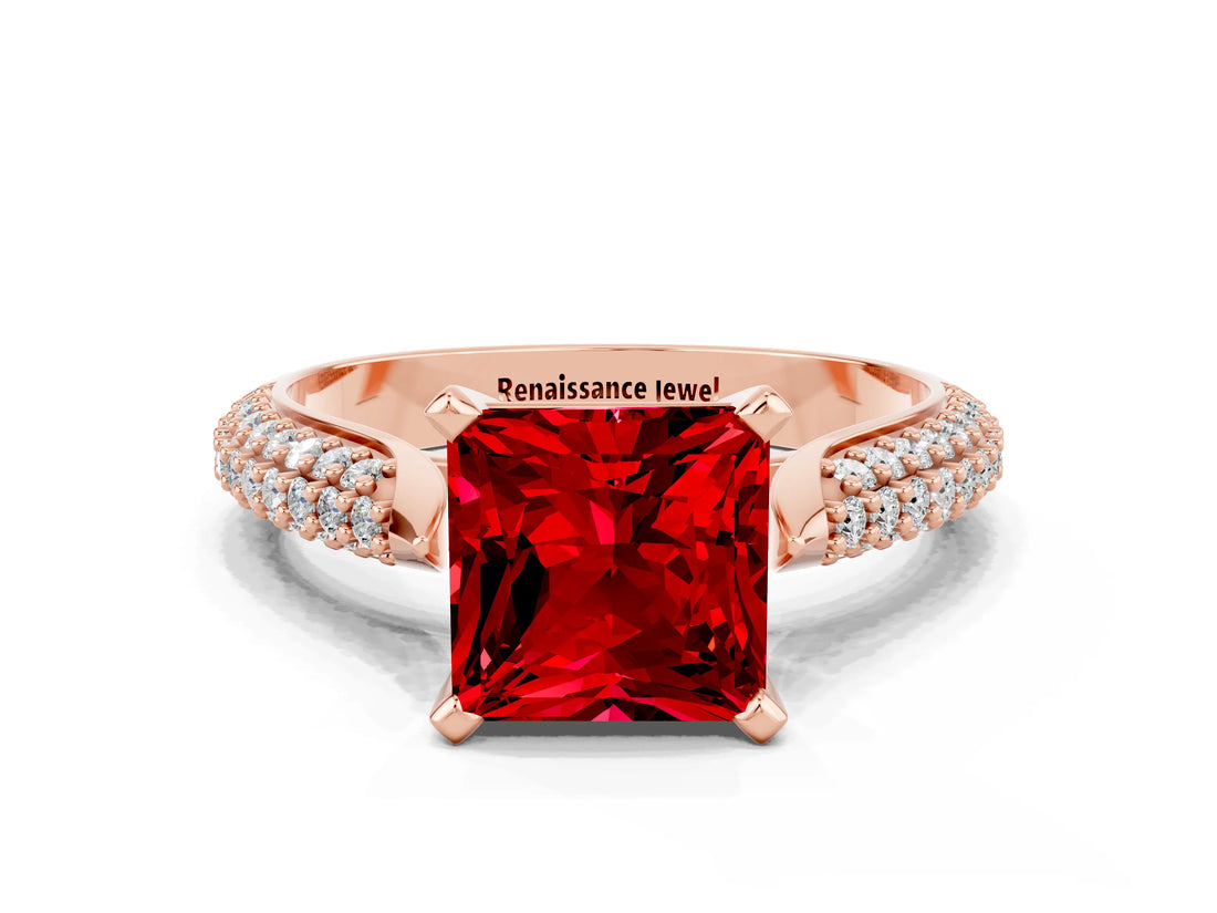 Rose gold Princess Cut Diamond Solitaire Engagement Ring with Pavé Band and Four-Prong Setting