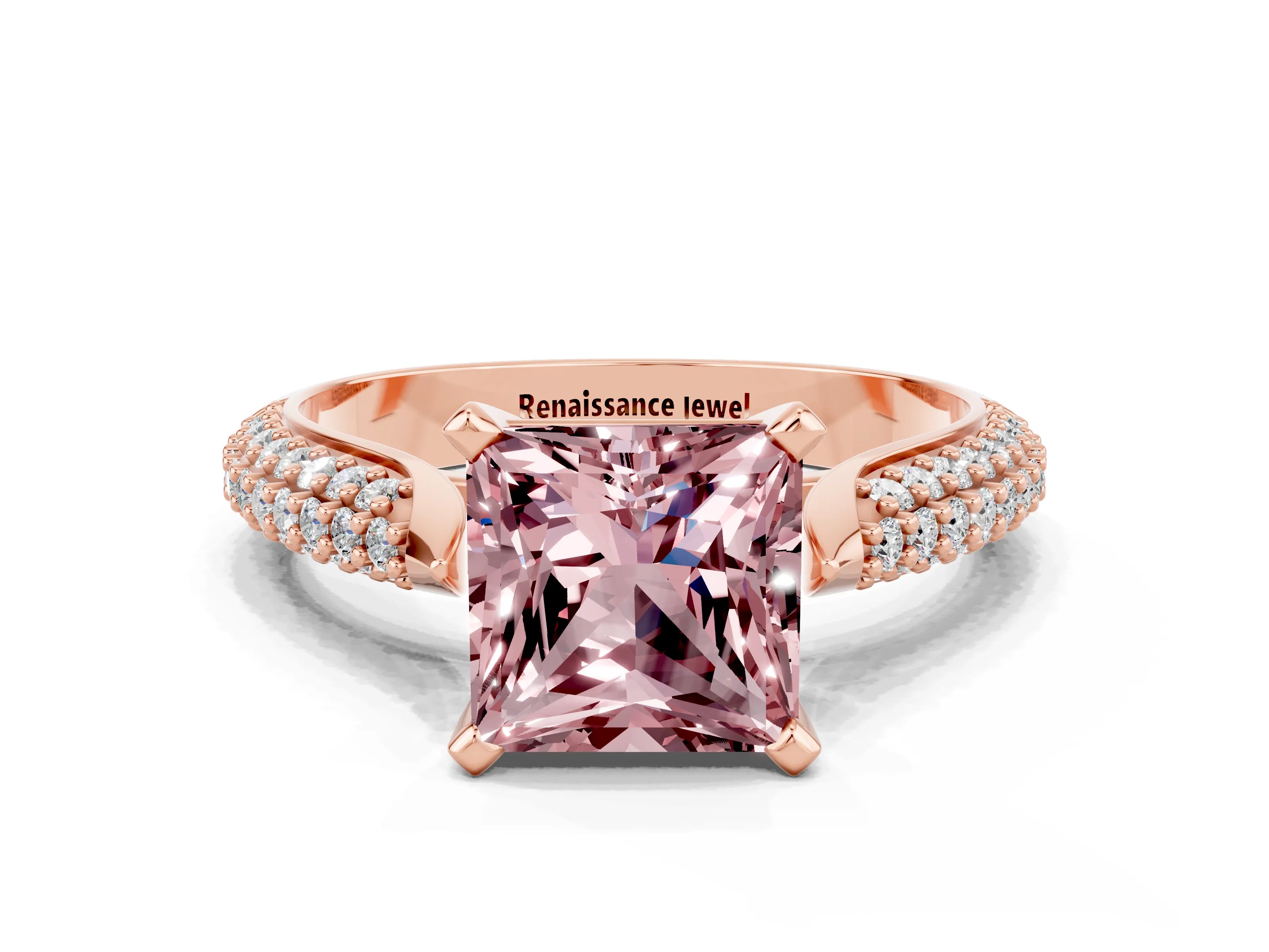 Rose gold Princess Cut Diamond Solitaire Engagement Ring with Pavé Band and Four-Prong Setting