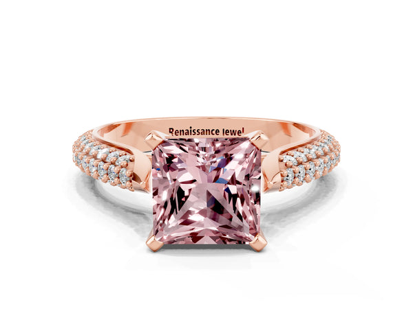 Rose gold Princess Cut Diamond Solitaire Engagement Ring with Pavé Band and Four-Prong Setting