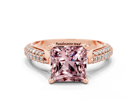 Rose gold Princess Cut Diamond Solitaire Engagement Ring with Pavé Band and Four-Prong Setting