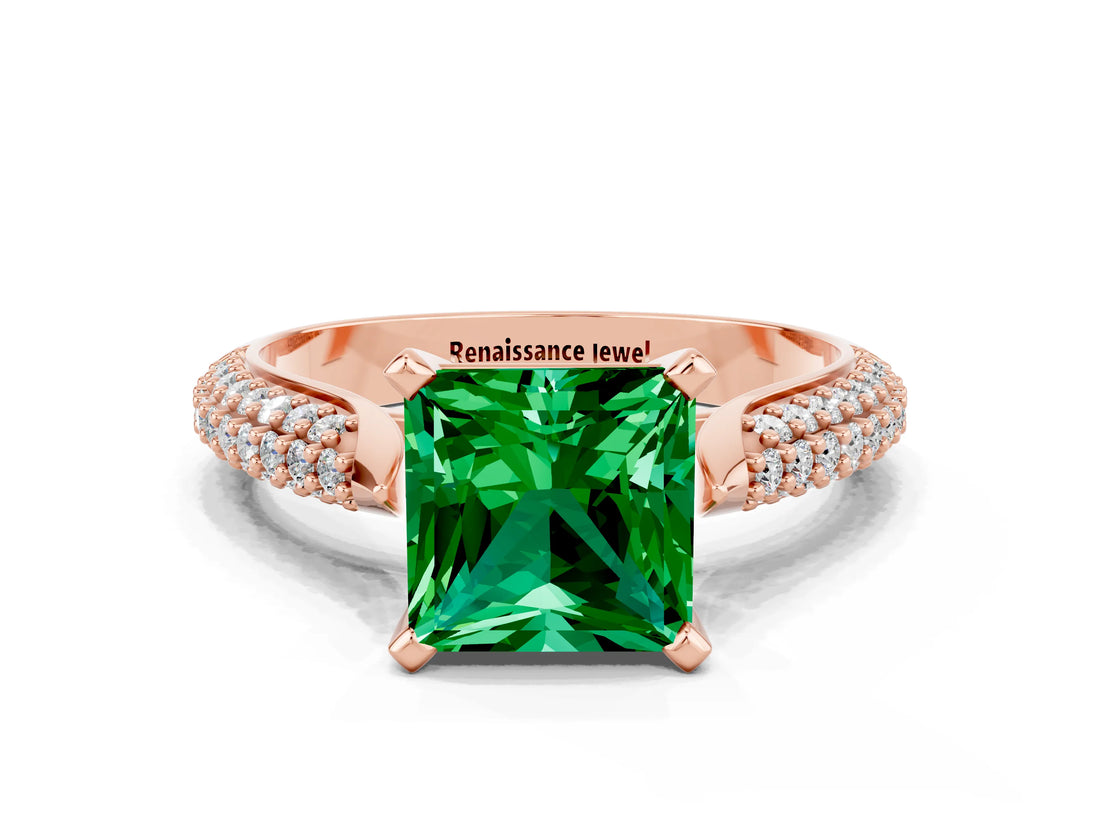 Rose gold Princess Cut Diamond Solitaire Engagement Ring with Pavé Band and Four-Prong Setting