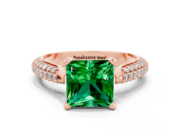 Rose gold Princess Cut Emerald Solitaire Engagement Ring with Multi-Row Round Pavé Band and Prong Setting
