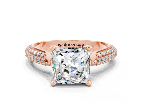 Rose gold Princess Cut Diamond Solitaire Engagement Ring with Pavé Band and Four-Prong Setting