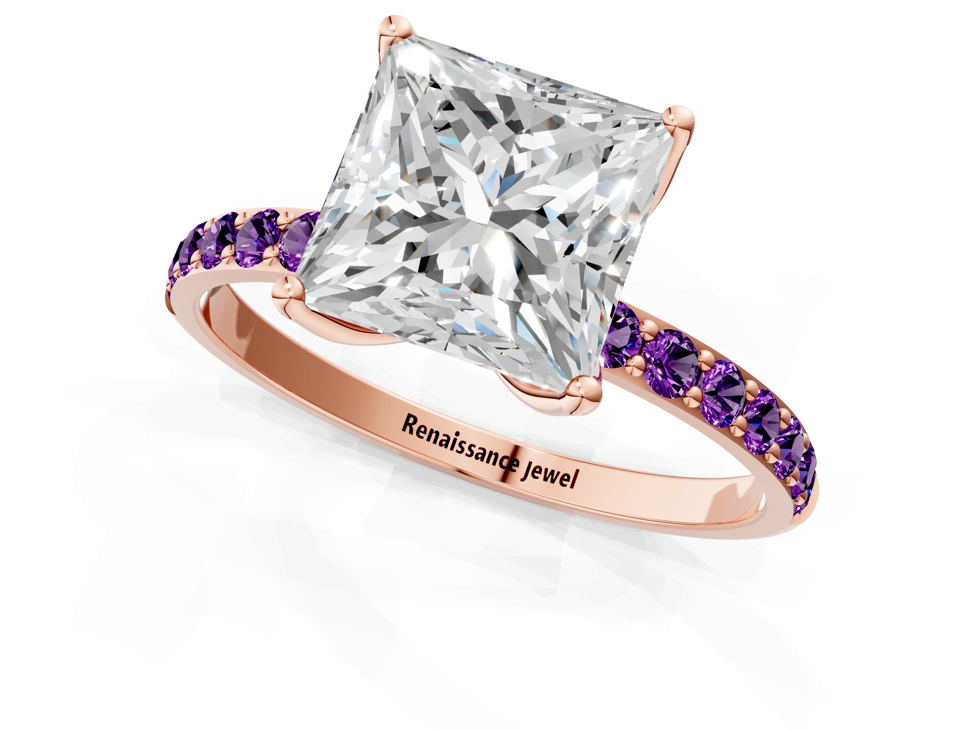 Rose gold Princess Cut Diamond Solitaire Engagement Ring with Round with Amethyst side stone Pavé Band and Prong Setting_1