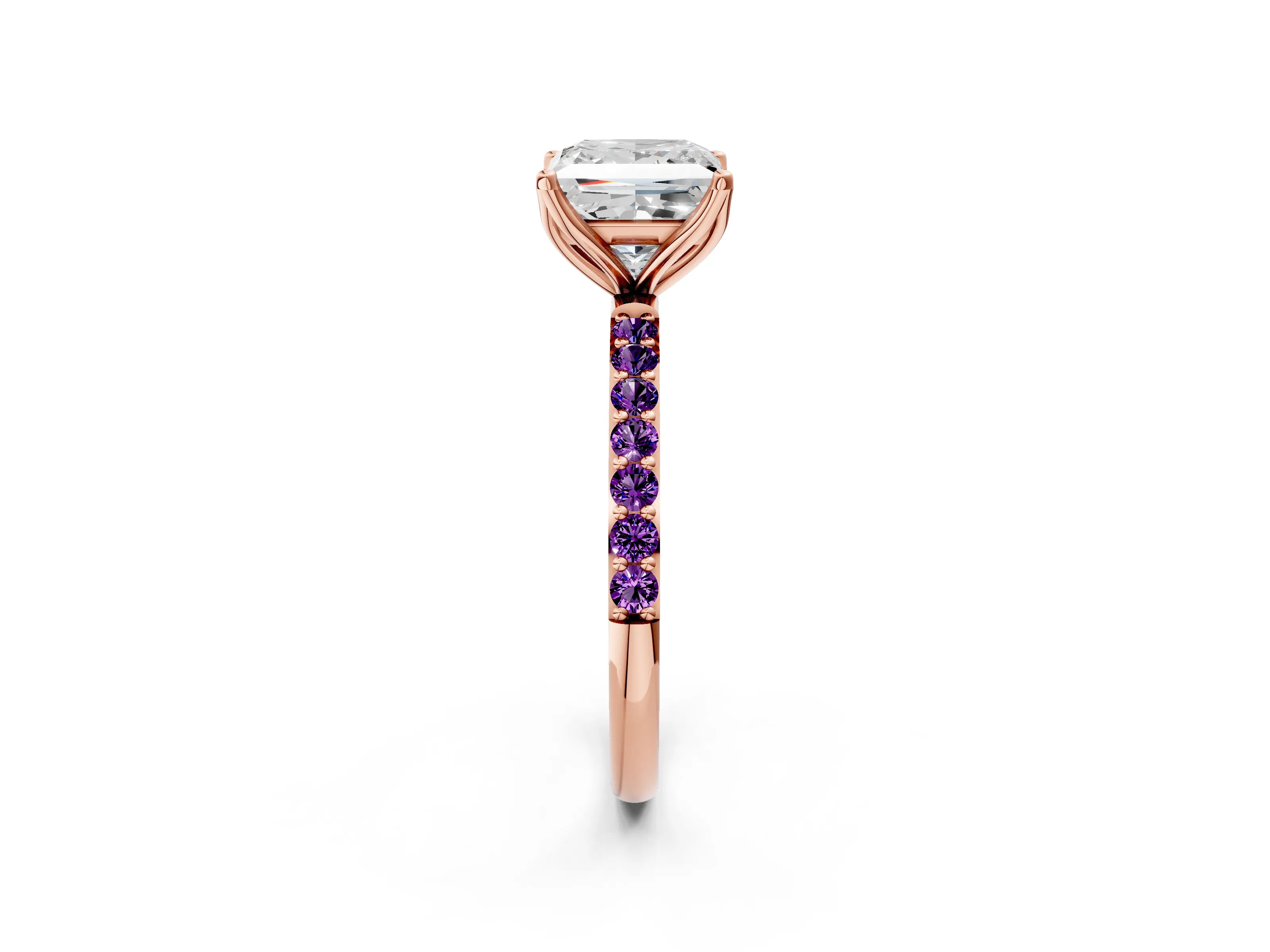 Rose gold Princess Cut Diamond Solitaire Engagement Ring with Round with Amethyst side stone Pavé Band and Prong Setting_2