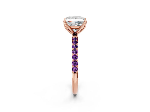 Rose gold Princess Cut Diamond Solitaire Engagement Ring with Round with Amethyst side stone Pavé Band and Prong Setting_2
