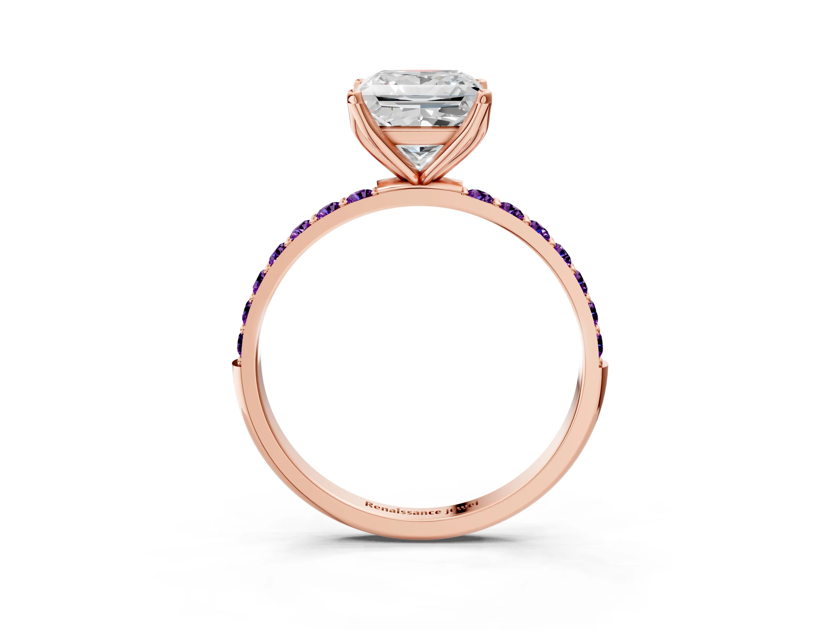 Rose gold Princess Cut Diamond Solitaire Engagement Ring with Round with Amethyst side stone Pavé Band and Prong Setting_3