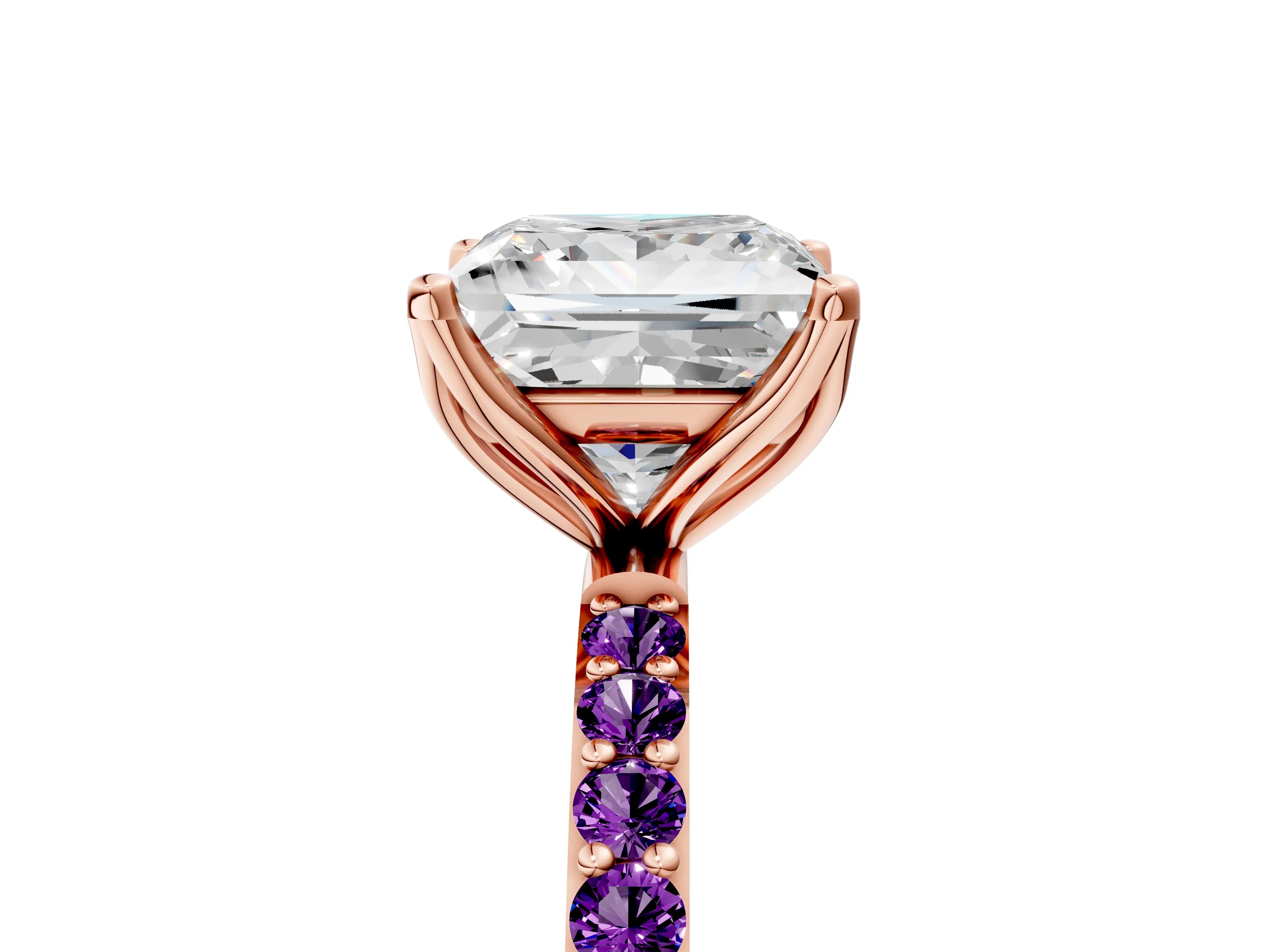 Rose gold Princess Cut Diamond Solitaire Engagement Ring with Round with Amethyst side stone Pavé Band and Prong Setting_5