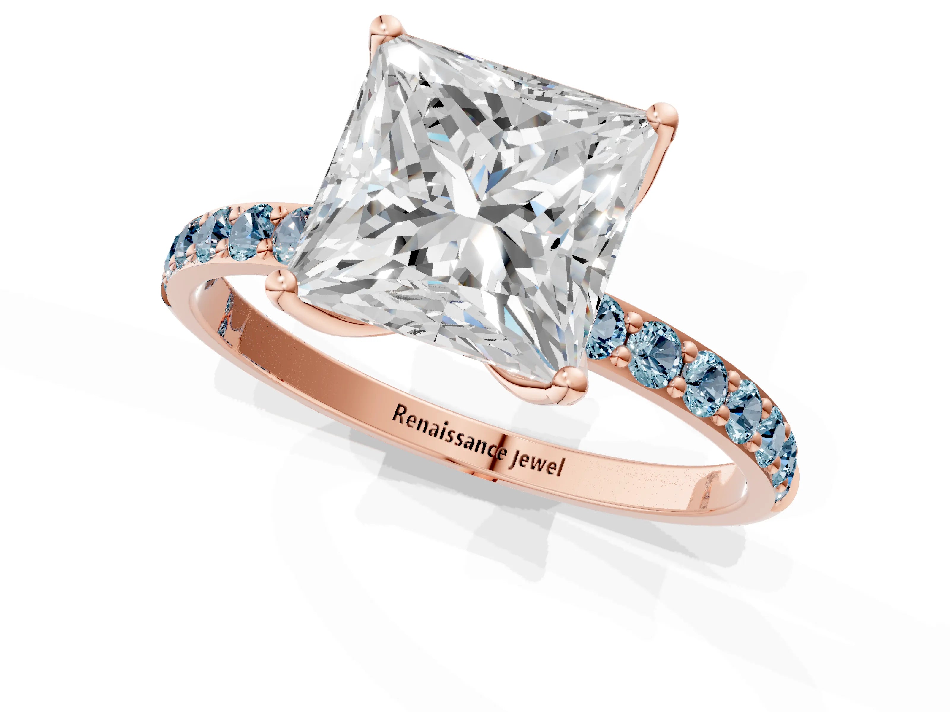 Rose gold Princess Cut Diamond Solitaire Engagement Ring with Round with Aquamarine side stone Pavé Band and Prong Setting_1