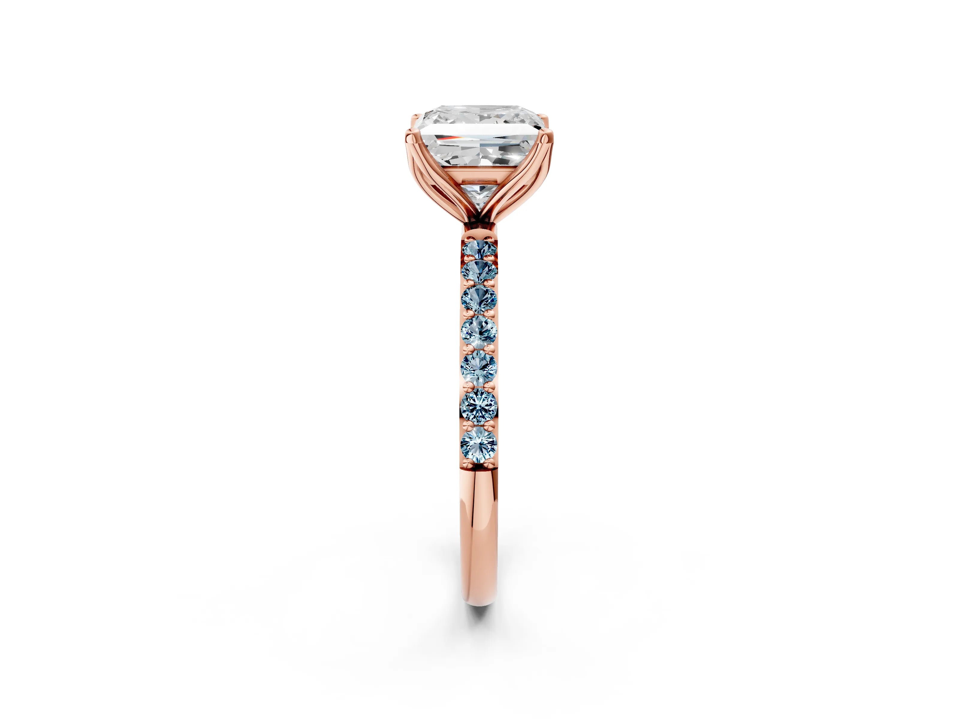 Rose gold Princess Cut Diamond Solitaire Engagement Ring with Round with Aquamarine side stone Pavé Band and Prong Setting_2