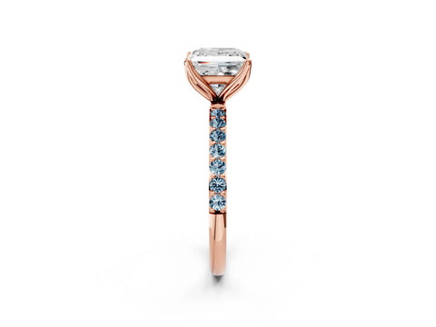 Rose gold Princess Cut Diamond Solitaire Engagement Ring with Round with Aquamarine side stone Pavé Band and Prong Setting_2