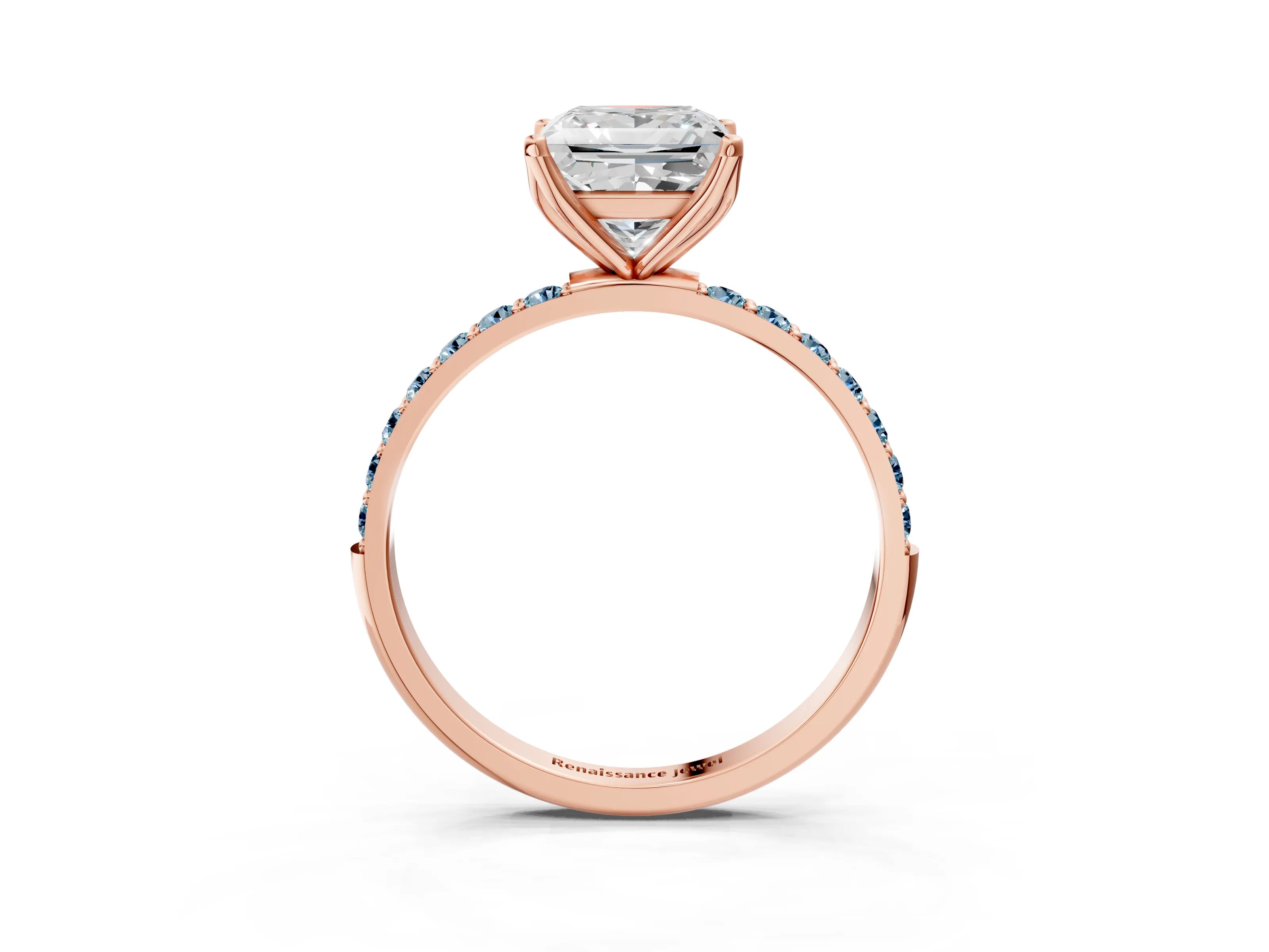 Rose gold Princess Cut Diamond Solitaire Engagement Ring with Round with Aquamarine side stone Pavé Band and Prong Setting_3