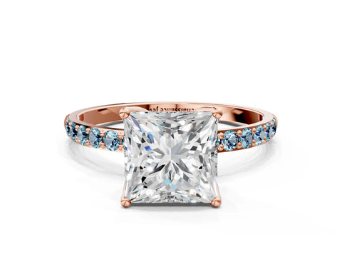 Rose gold Princess Cut Diamond Solitaire Engagement Ring with Round with Aquamarine side stone Pavé Band and Prong Setting