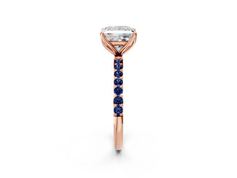 Rose gold Princess Cut Diamond Solitaire Engagement Ring with Round with Blue Sapphire side stone Pavé Band and Prong Setting_2