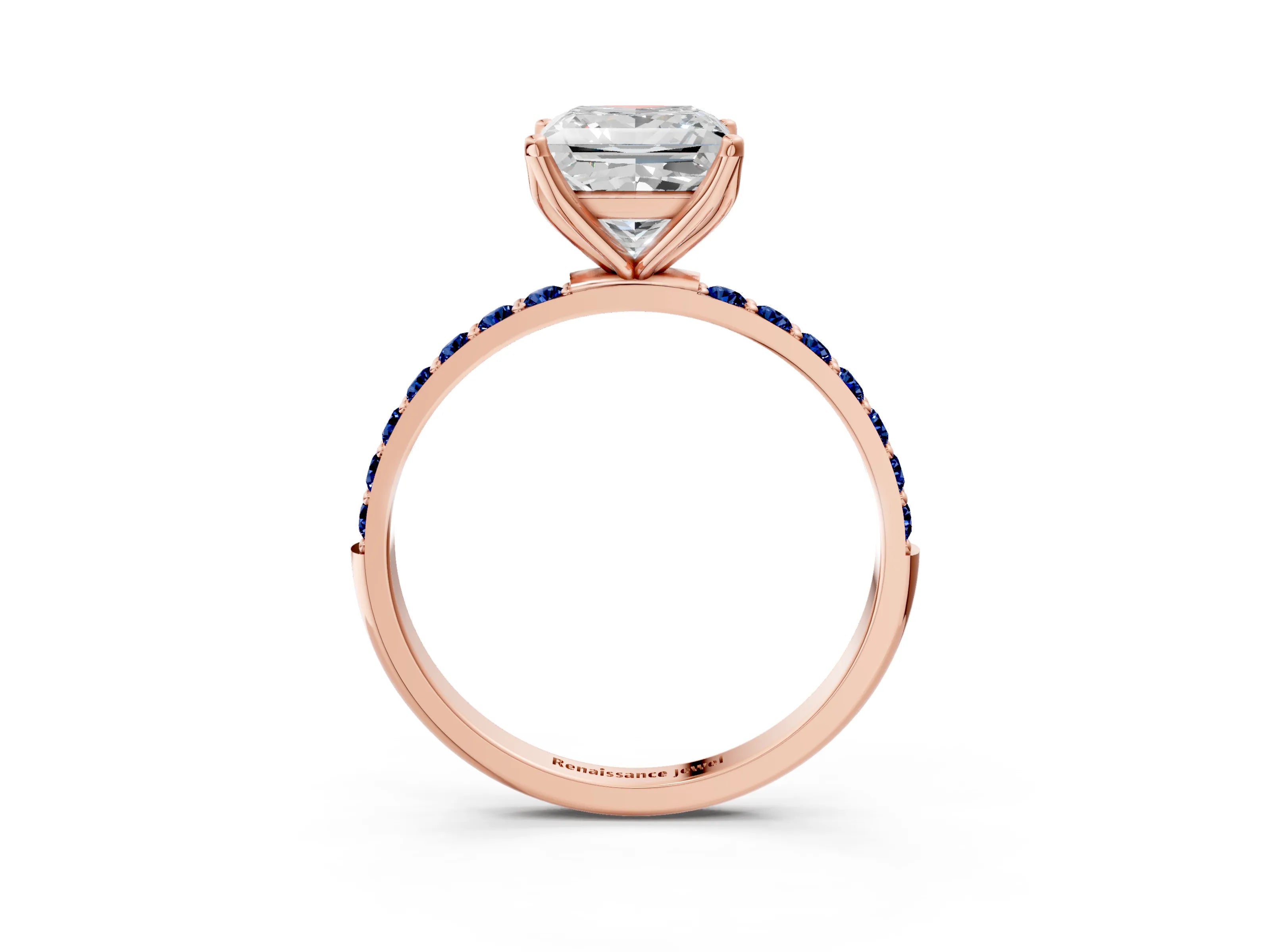 Rose gold Princess Cut Diamond Solitaire Engagement Ring with Round with Blue Sapphire side stone Pavé Band and Prong Setting_3