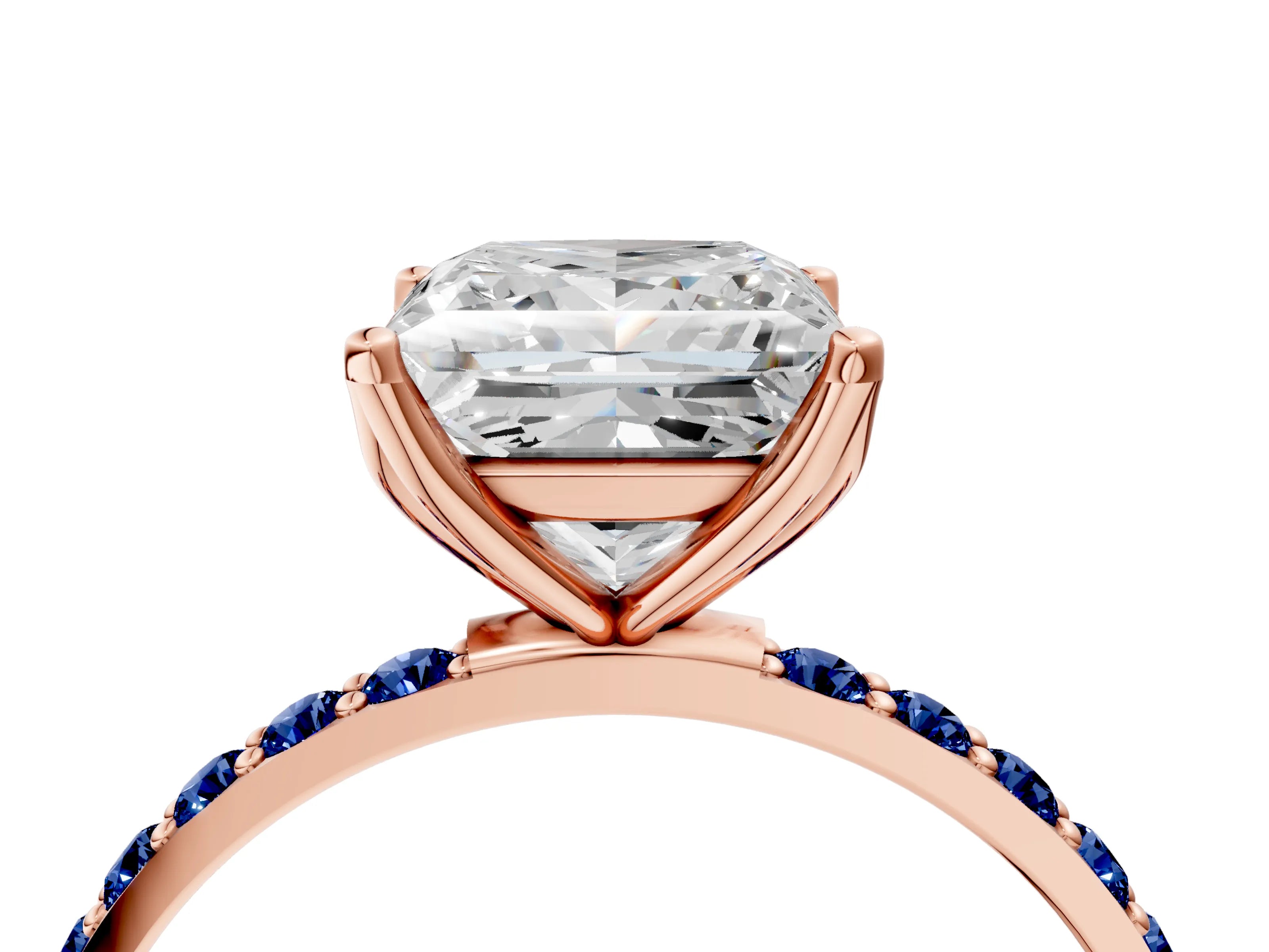 Rose gold Princess Cut Diamond Solitaire Engagement Ring with Round with Blue Sapphire side stone Pavé Band and Prong Setting_4