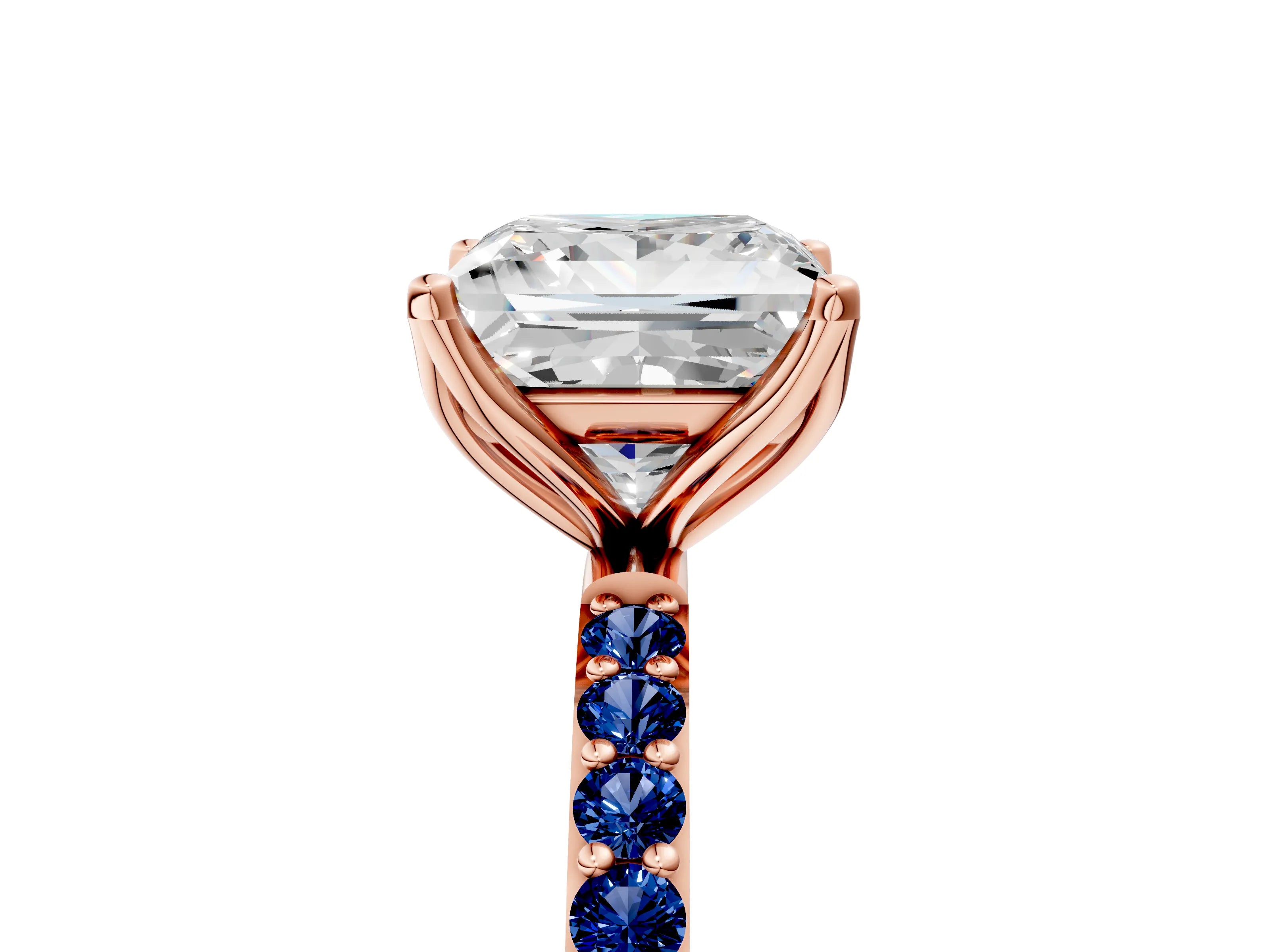 Rose gold Princess Cut Diamond Solitaire Engagement Ring with Round with Blue Sapphire side stone Pavé Band and Prong Setting_5