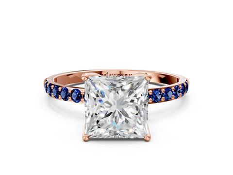 Rose gold Princess Cut Diamond Solitaire Engagement Ring with Round with Blue Sapphire side stone Pavé Band and Prong Setting