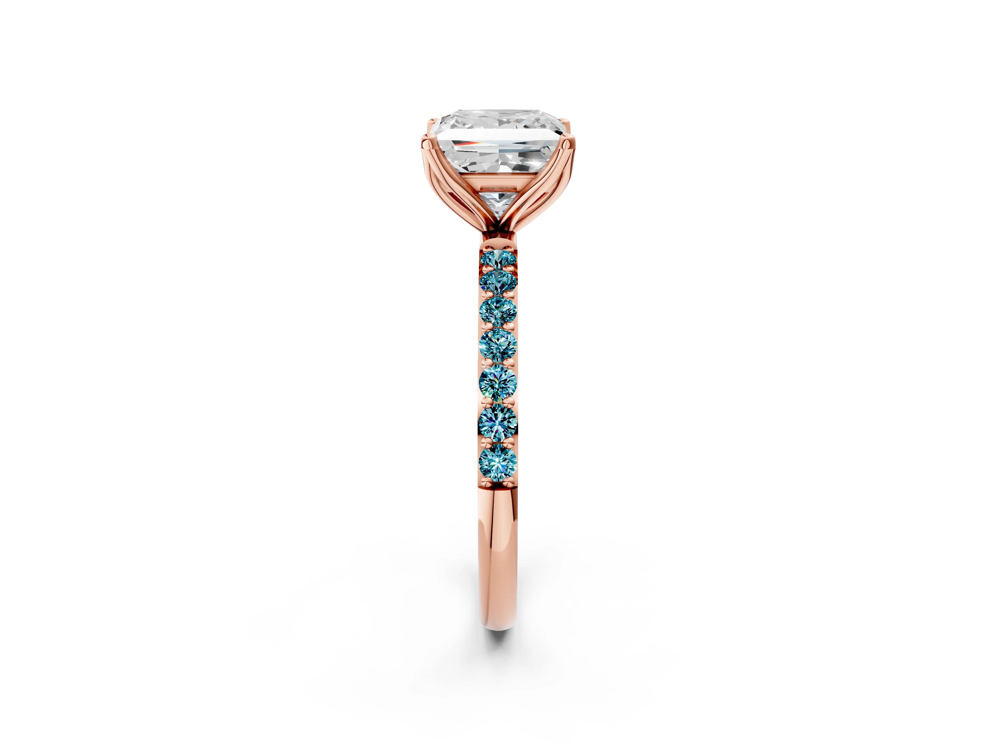 Rose gold Princess Cut Diamond Solitaire Engagement Ring with Round with Blue Topaz side stone Pavé Band and Prong Setting_2