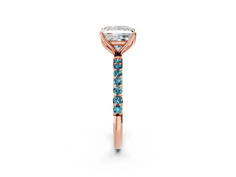 Rose gold Princess Cut Diamond Solitaire Engagement Ring with Round with Blue Topaz side stone Pavé Band and Prong Setting_2