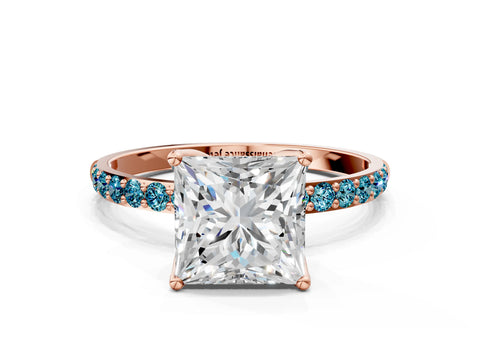 Rose gold Princess Cut Diamond Solitaire Engagement Ring with Round with Blue Topaz side stone Pavé Band and Prong Setting