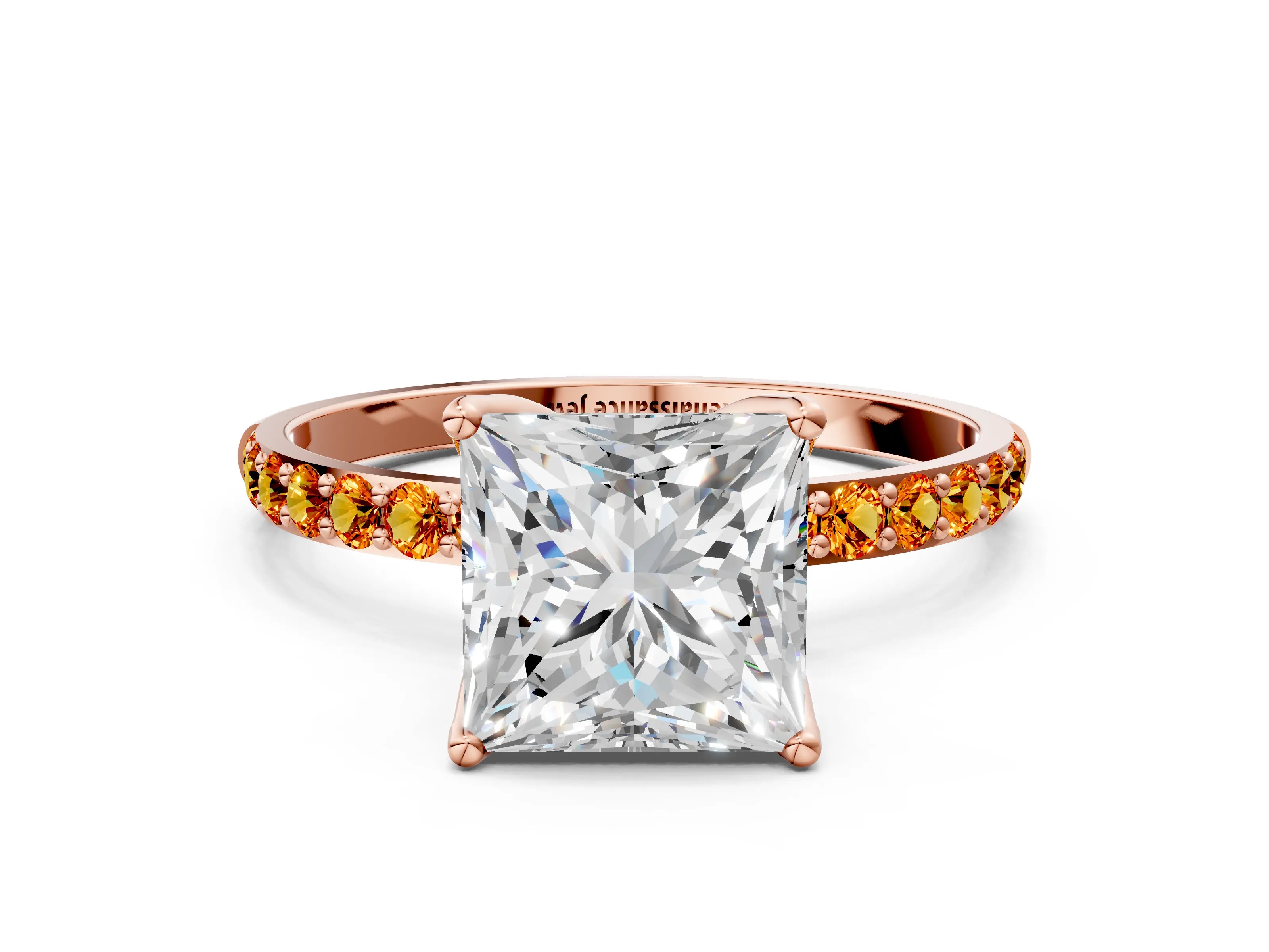 Rose gold Princess Cut Diamond Solitaire Engagement Ring with Round with Citrine side stone Pavé Band and Prong Setting