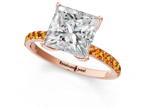 Rose gold Princess Cut Diamond Solitaire Engagement Ring with Round with Citrine side stone Pavé Band and Prong Setting_1