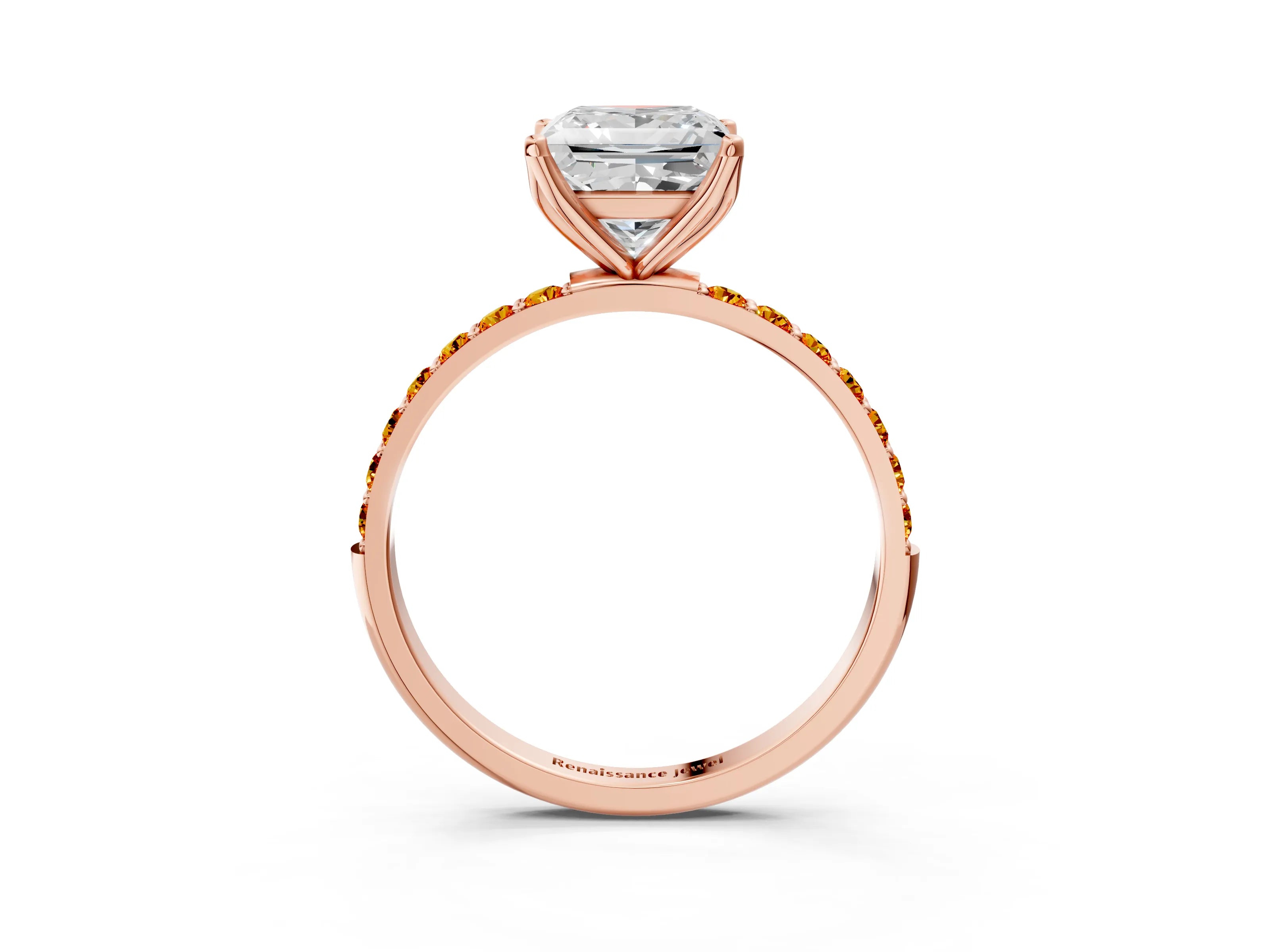 Rose gold Princess Cut Diamond Solitaire Engagement Ring with Round with Citrine side stone Pavé Band and Prong Setting_3