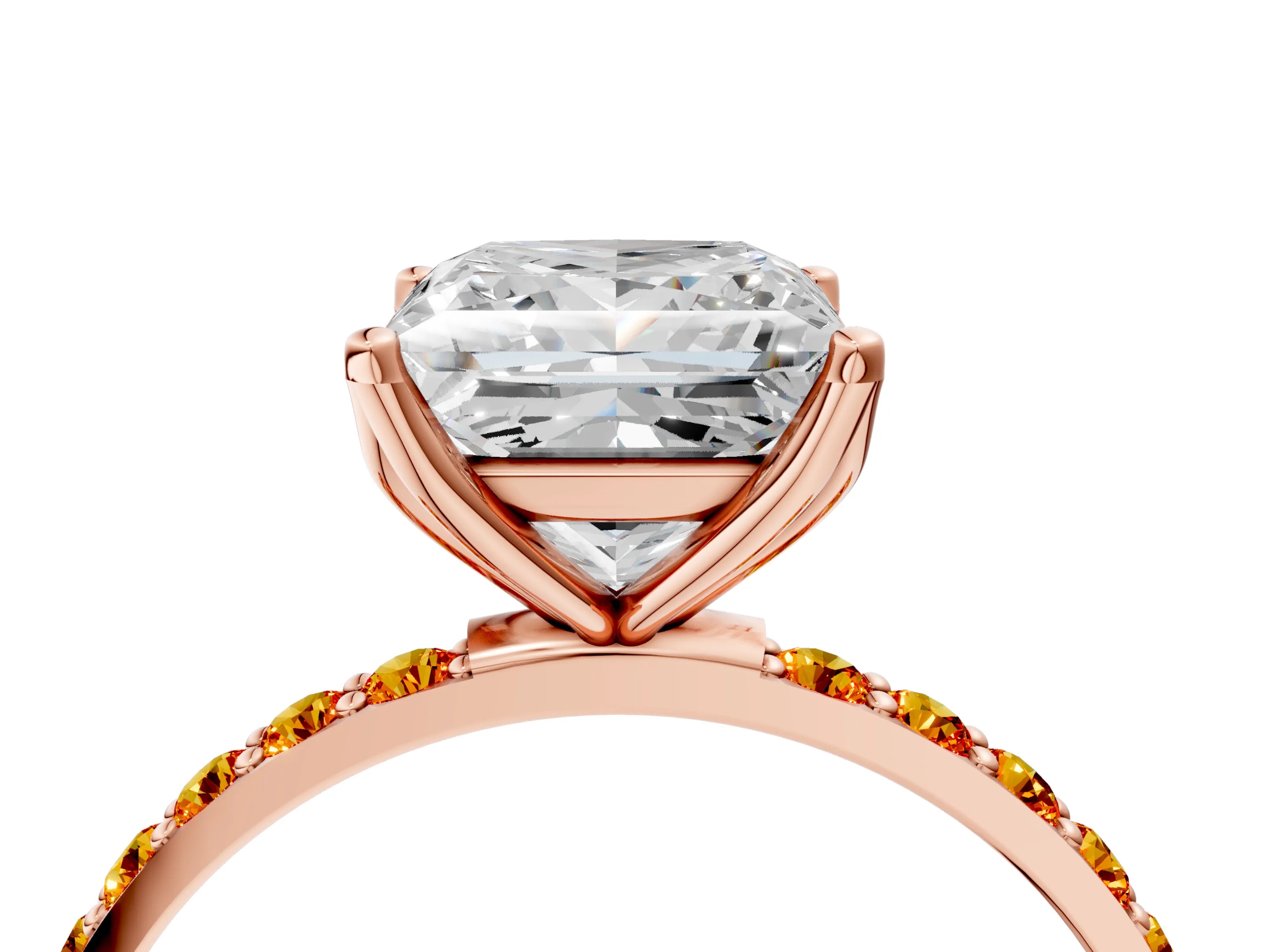 Rose gold Princess Cut Diamond Solitaire Engagement Ring with Round with Citrine side stone Pavé Band and Prong Setting_4
