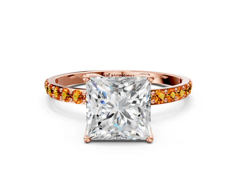 Rose gold Princess Cut Diamond Solitaire Engagement Ring with Round with Citrine side stone Pavé Band and Prong Setting