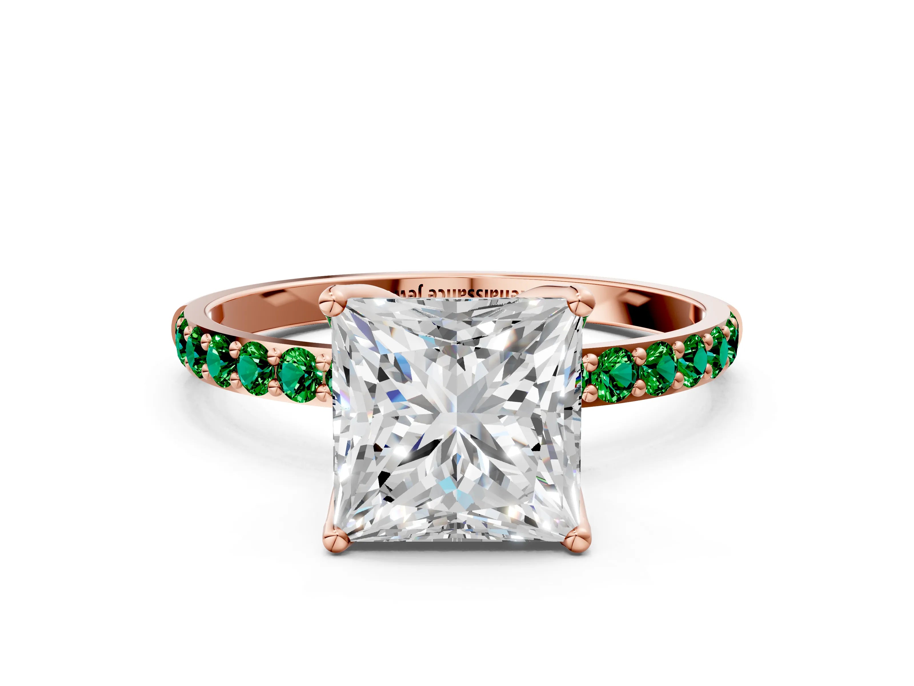 Rose gold Princess Cut Diamond Solitaire Engagement Ring with Round with Emerald side stone Pavé Band and Prong Setting