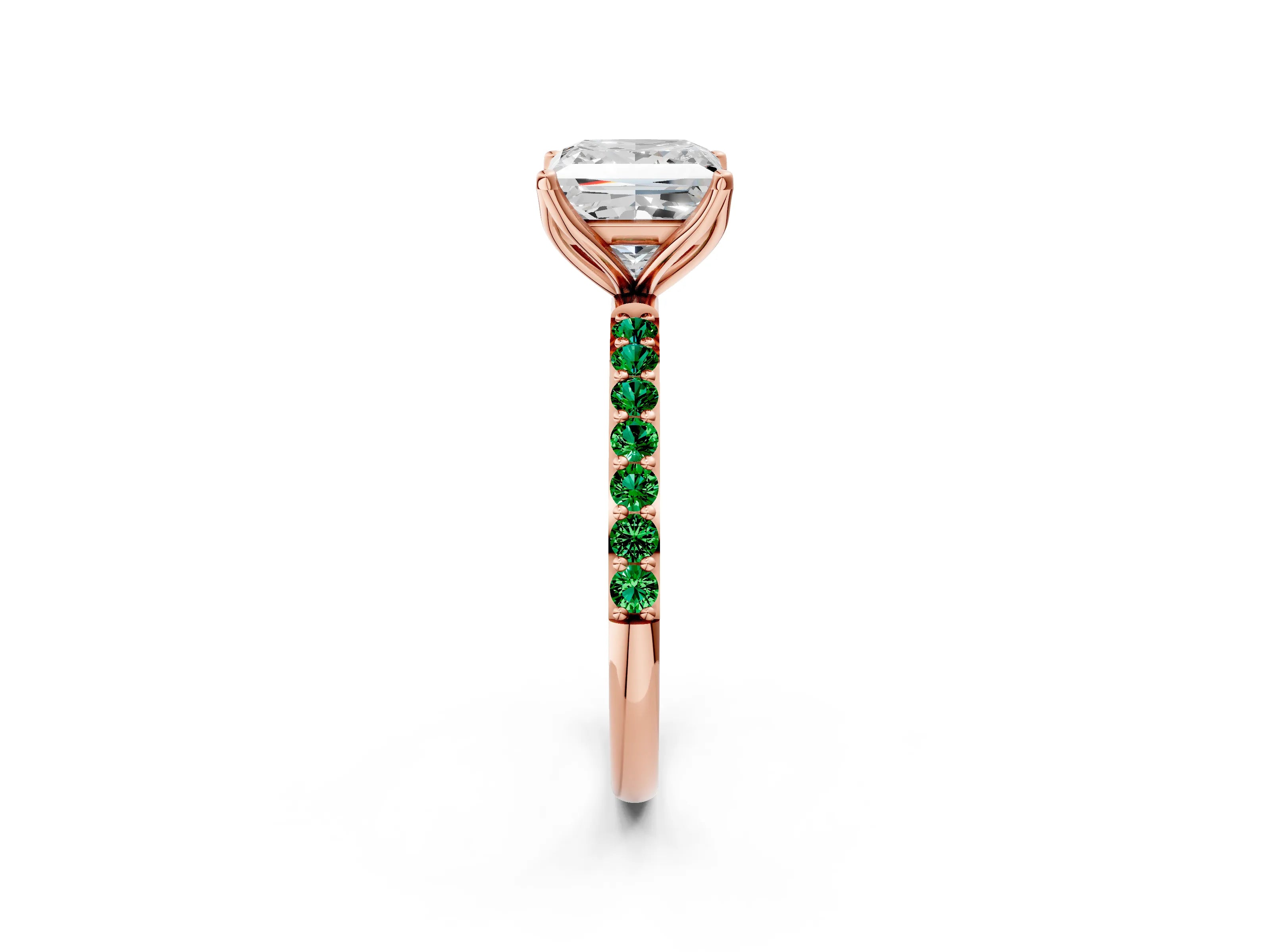 Rose gold Princess Cut Diamond Solitaire Engagement Ring with Round with Emerald side stone Pavé Band and Prong Setting_2