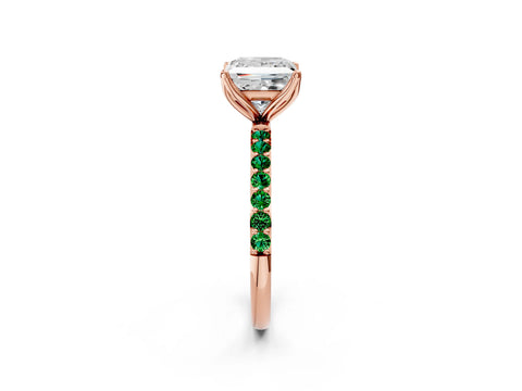 Rose gold Princess Cut Diamond Solitaire Engagement Ring with Round with Emerald side stone Pavé Band and Prong Setting_2