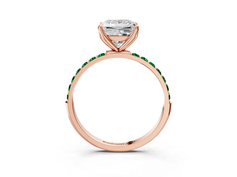 Rose gold Princess Cut Diamond Solitaire Engagement Ring with Round with Emerald side stone Pavé Band and Prong Setting_3