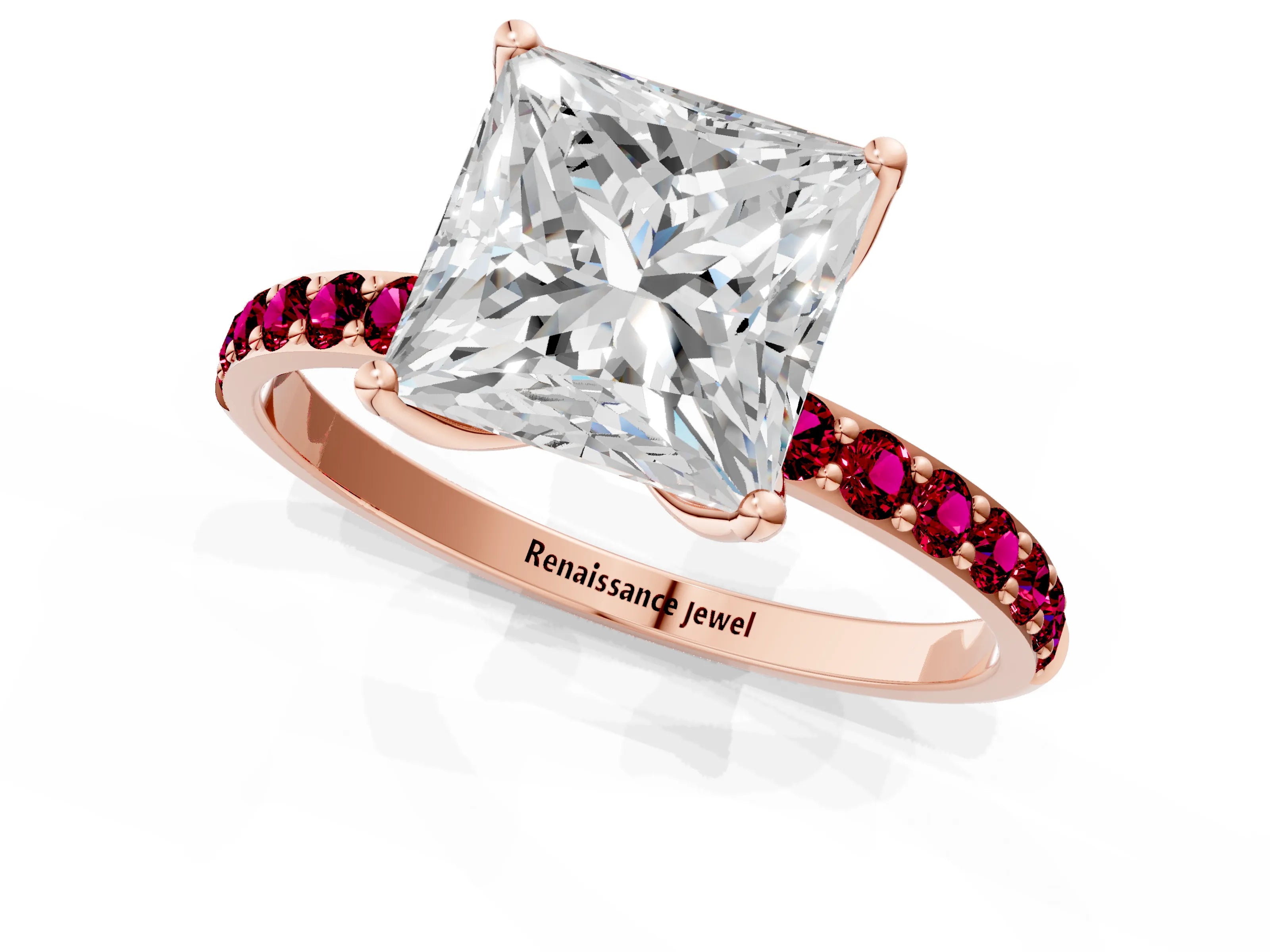Rose gold Princess Cut Diamond Solitaire Engagement Ring with Round with Garnet side stone Pavé Band and Prong Setting_1