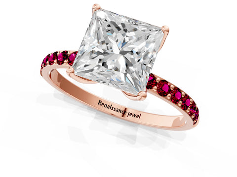 Rose gold Princess Cut Diamond Solitaire Engagement Ring with Round with Garnet side stone Pavé Band and Prong Setting_1